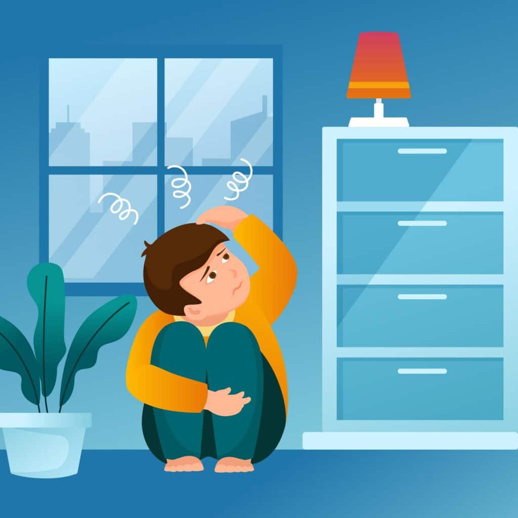 Illustration of a sad boy sitting indoors, looking confused and distressed.