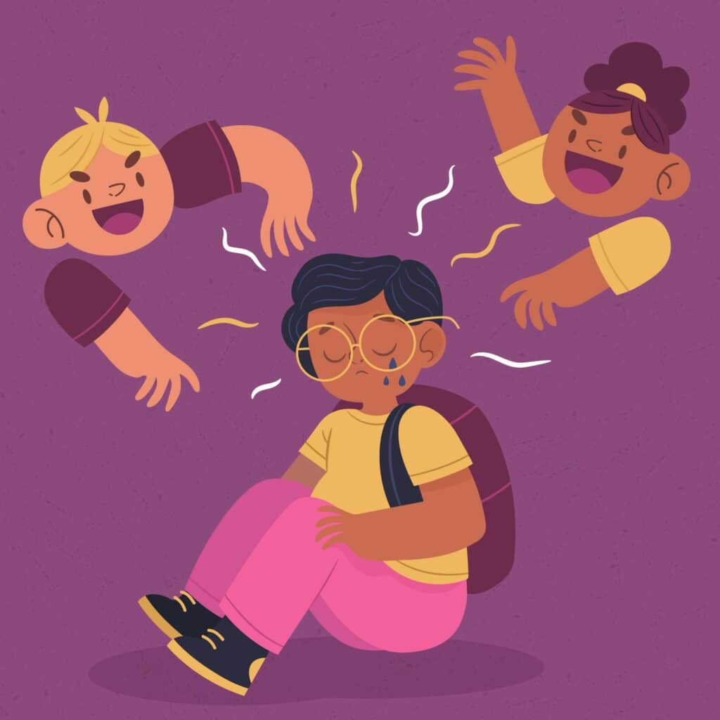 An illustration of a sad child sitting on the ground, looking distressed, while two other children appear to be shouting or bullying them.