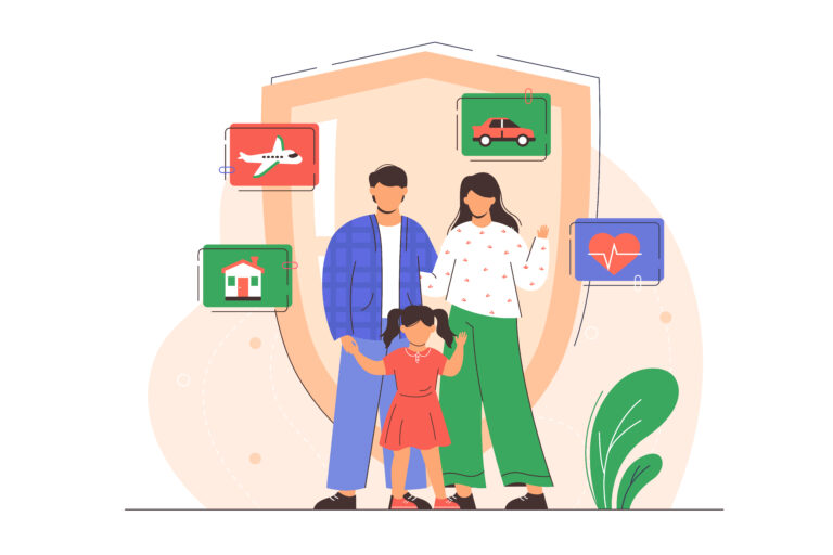 Illustration of a family standing together with health, safety, and wellness icons around them.