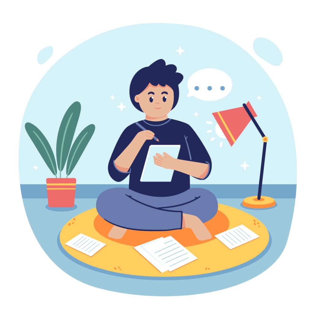 Child sitting cross-legged, focusing on a tablet under a desk lamp.