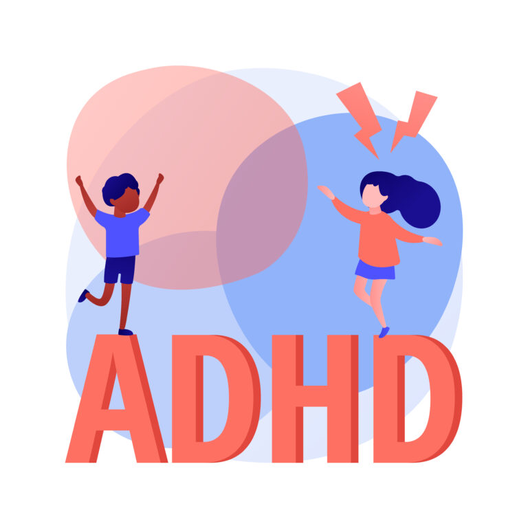 Illustration of two children with ADHD symptoms, one jumping excitedly and the other with raised arms, symbolizing hyperactivity and impulsivity.