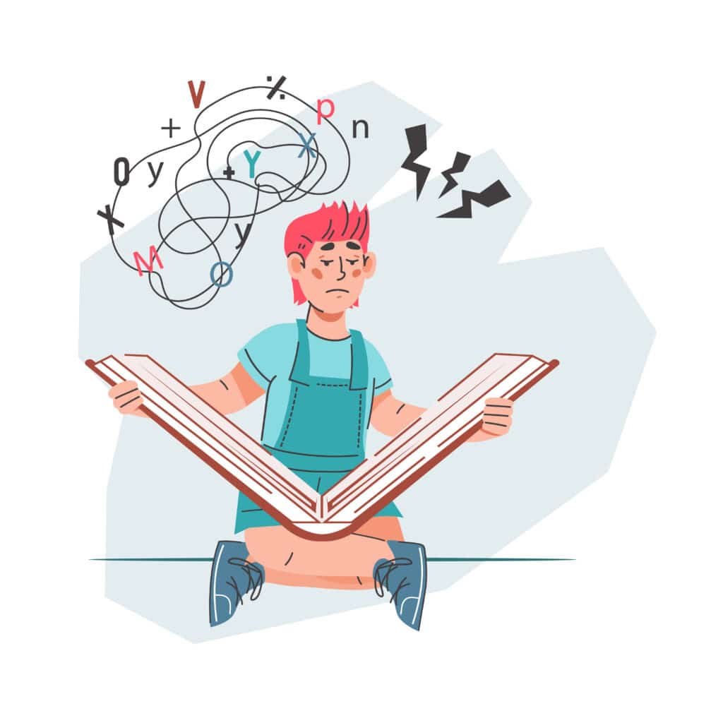A child sitting with an open book, surrounded by chaotic scribbles and symbols representing confusion or difficulty focusing.