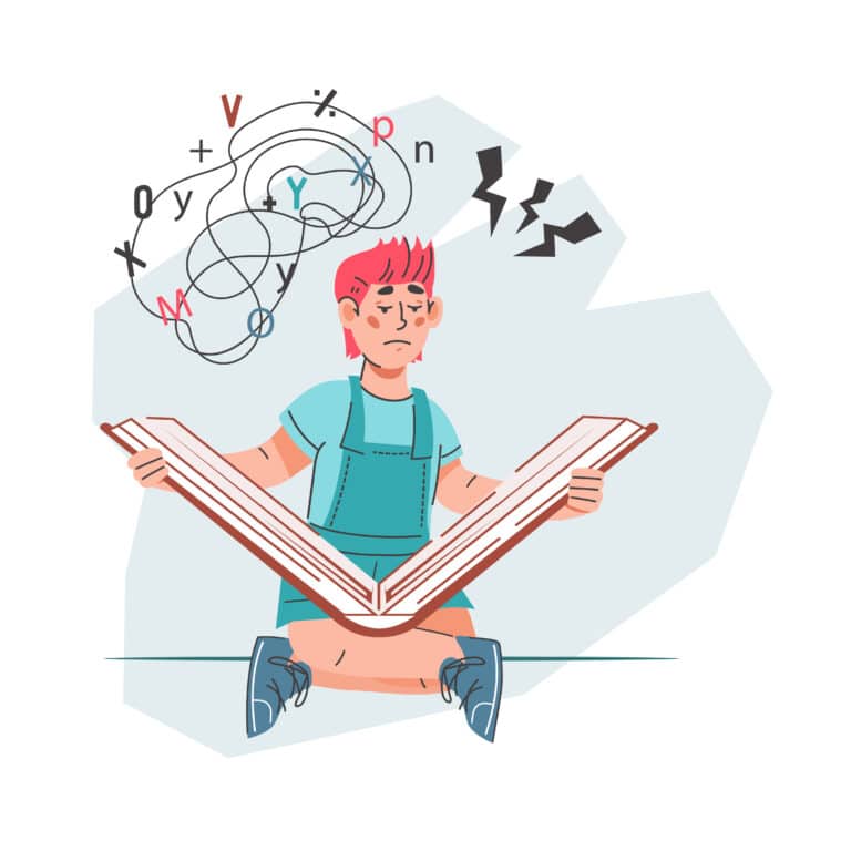 A child sitting with an open book, surrounded by chaotic scribbles and symbols representing confusion or difficulty focusing.