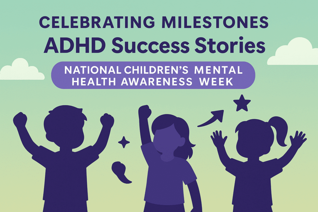 Digital illustration celebrating National Children's Mental Health Awareness Week, featuring joyful children and uplifting ADHD success themes.