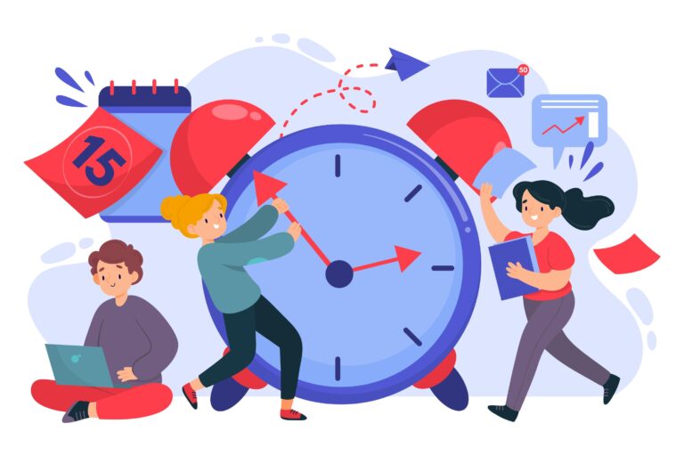 Illustration of children managing tasks around a large clock, symbolizing time management. One child adjusts the clock hands, another organizes papers, and a third uses a laptop.