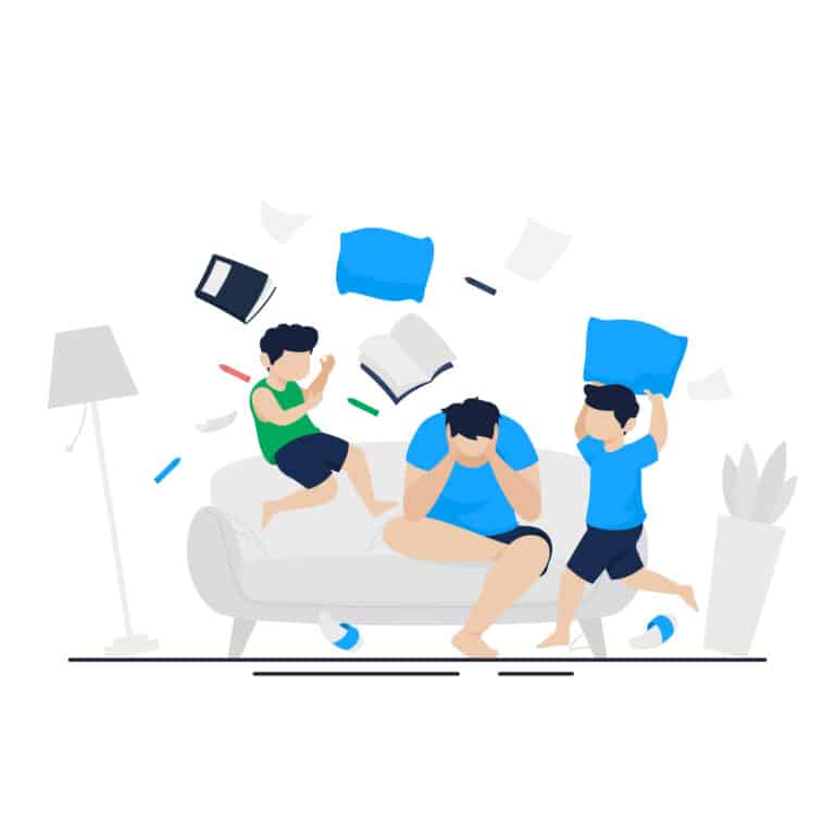 Illustration of a parent struggling with two energetic children, surrounded by scattered books and toys.