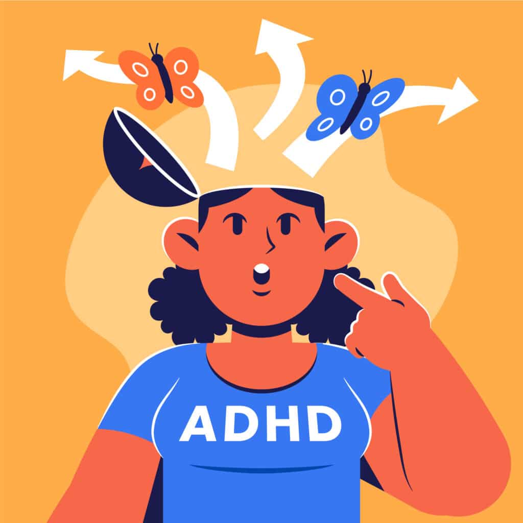 Illustration of a person with ADHD, with butterflies and arrows representing a wandering mind.