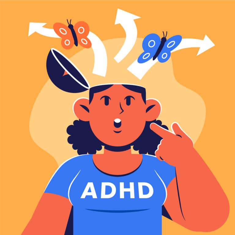 Illustration of a person with ADHD, with butterflies and arrows representing a wandering mind.