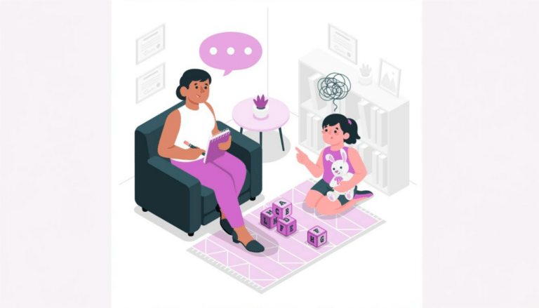 Illustration of a therapist and a young girl engaging in a therapy session, with the girl sitting on the floor and the therapist taking notes.