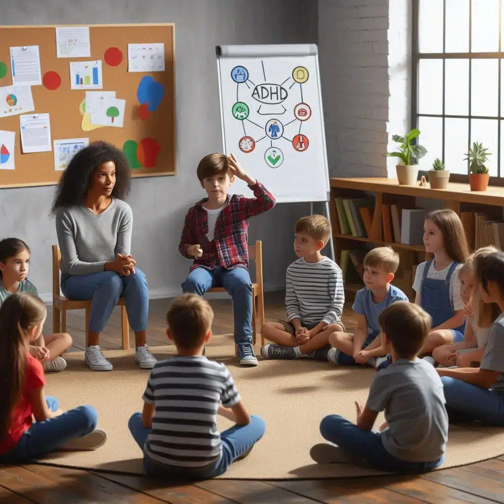 A group of children sitting in a circle with a teacher, participating in a classroom activity.