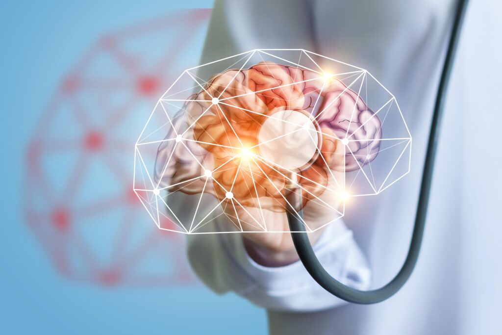 Doctor holding a digital hologram of a human brain with neural connections and a stethoscope.