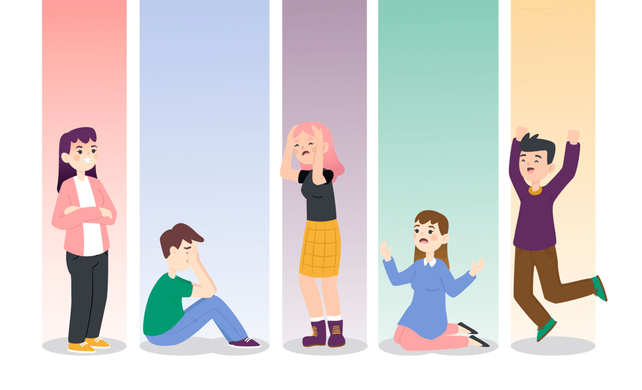 Illustration of three children expressing different emotions: sadness, frustration, and pleading, set against colorful vertical backgrounds.