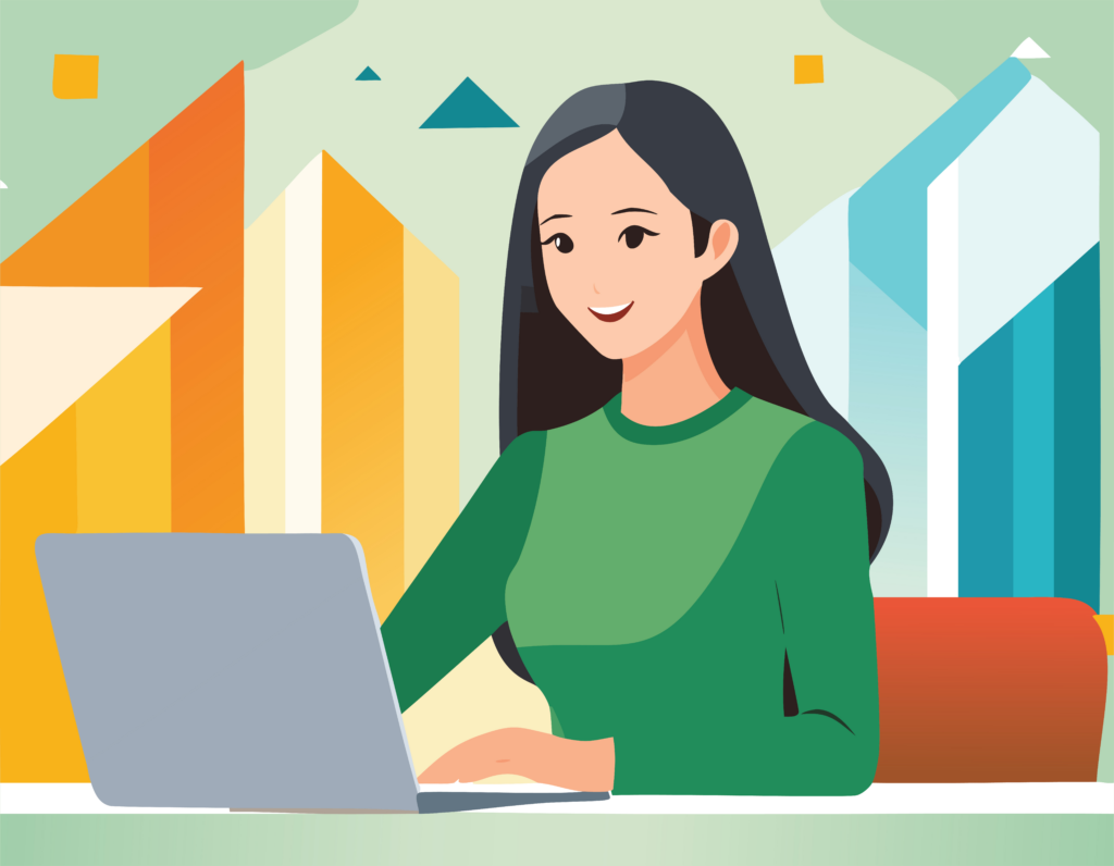 Illustration of a woman working on a laptop with a colorful background.