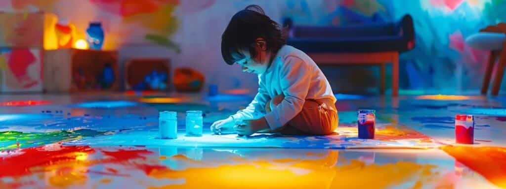 A young child playing on a brightly lit floor with colorful objects.