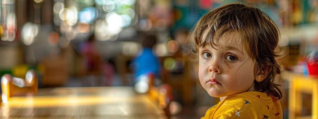 A young child with curly hair wearing a yellow shirt looks thoughtfully at the camera, sitting in what appears to be a colorful, blurred classroom or daycare setting.