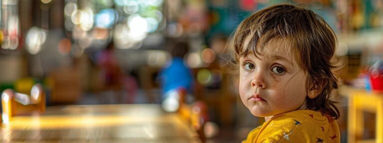 A young child with curly hair wearing a yellow shirt looks thoughtfully at the camera, sitting in what appears to be a colorful, blurred classroom or daycare setting.